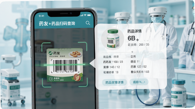 药友+药品扫码查询界面,手机屏幕显示扫描药盒条形码,旁边弹出药品详情卡片,背景为柔和医疗元素,突出便捷查询