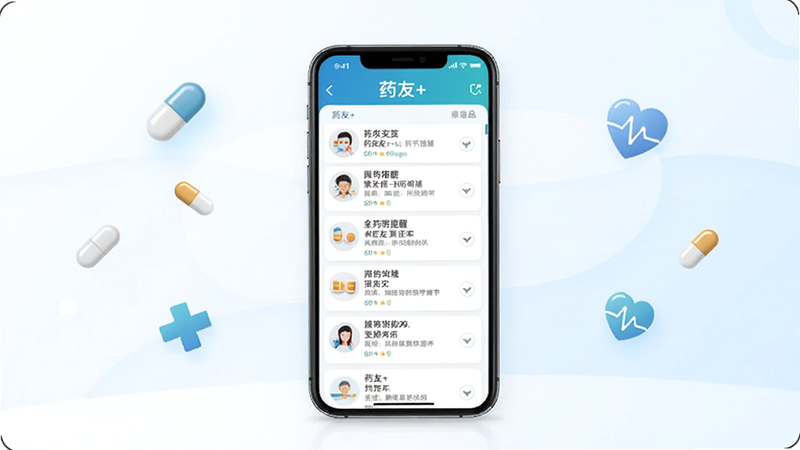 药友+主界面预览图,画面中心是一部智能手机,屏幕显示药友+的首页用药提醒列表,背景为柔和的蓝白色渐变,点缀药丸和健康图标,整体风格清新专业