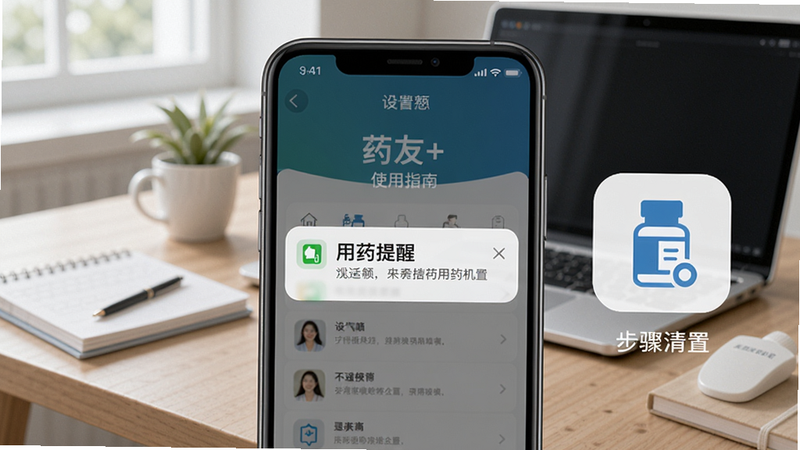 药友+使用指南场景图,画面展示手机屏幕弹出用药提醒通知,旁边有设置界面图标,背景为健康办公桌,突出操作步骤