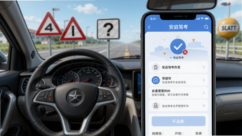 安启驾考全貌预览图,画面主体为手机屏幕显示安启驾考主界面,背景为驾驶模拟场景,包含方向盘、交通标志等元素,整体风格简洁明亮,突出驾考学习主题。