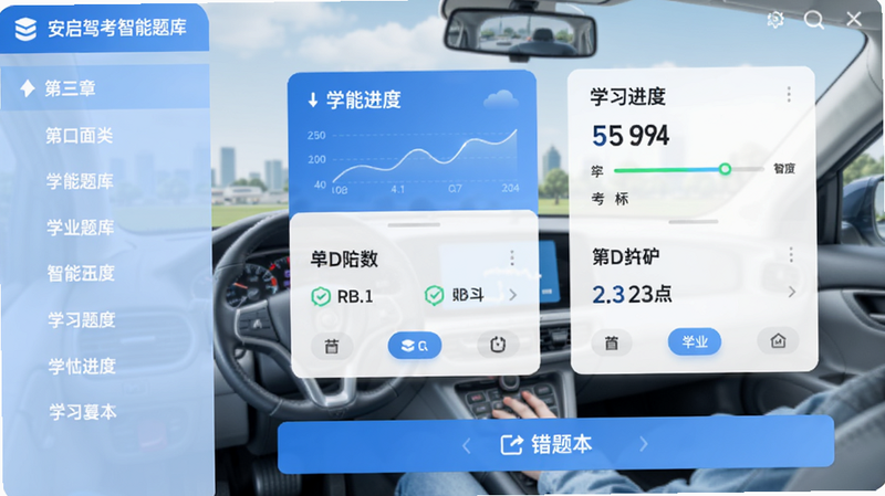 安启驾考智能题库界面预览,左侧列出章节分类,右侧显示答题卡片,底部有错题本入口,背景为淡蓝色驾驶学习场景,突出数据可视化与学习进度。