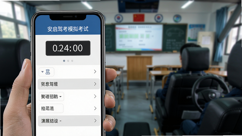 安启驾考模拟考试界面,手机屏幕显示考试计时器、题目选项,背景为考场环境,突出严肃正式的考试氛围,界面元素清晰。