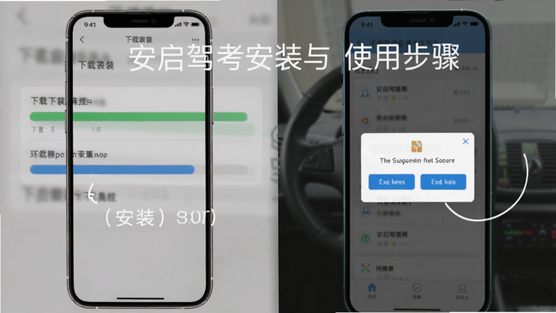 安启驾考安装与使用步骤图,手机屏幕展示安装界面,背景为下载进度条和权限请求弹窗,配有文字标注,风格简洁明了。