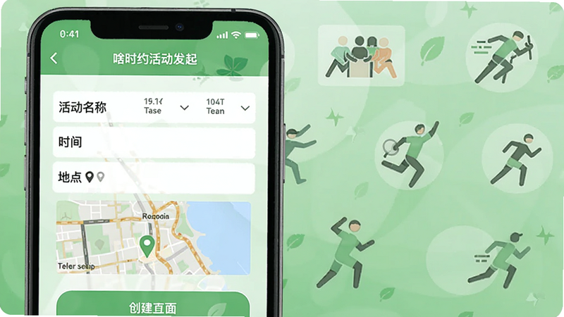 啥时约活动发起页面,手机显示创建活动表单,包括活动名称、时间、地点地图标注,背景有聚会、运动等图标,绿色清新风格