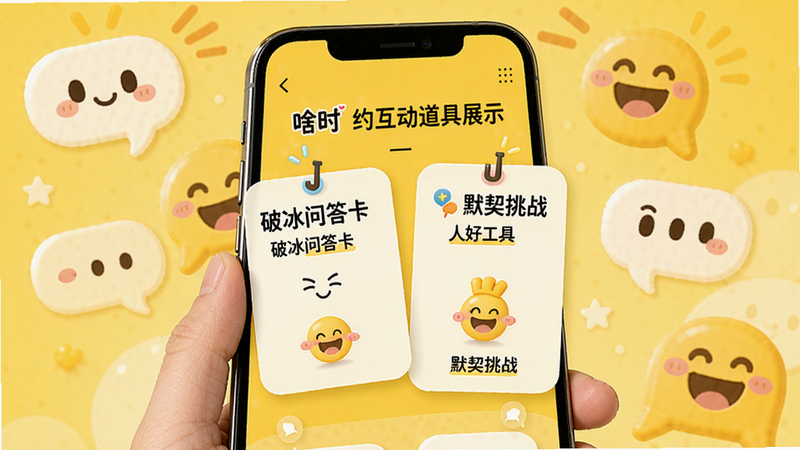 啥时约互动道具展示,手机界面显示破冰问答卡、默契挑战等小工具,背景为聊天气泡和笑脸元素,黄色调活泼可爱