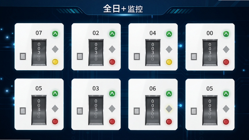 日立电梯全日+监控界面,多部电梯以卡片形式排列,每张卡片显示楼层数字、上下箭头、绿色/黄色/红色状态灯,背景为深色科技蓝,带微弱光效。