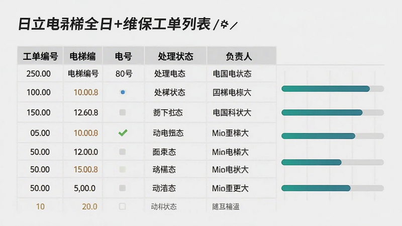 日立电梯全日+维保工单列表,表格形式显示工单编号、电梯编号、处理状态、负责人,右侧有进度条,背景淡灰色,整体商务风格。