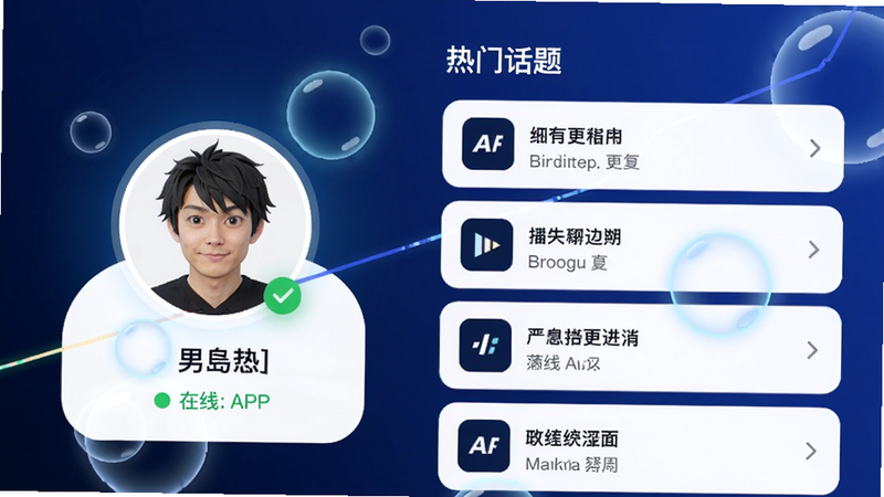 男岛APP主界面预览图,画面左侧显示用户头像和在线状态,右侧为热门话题列表,背景采用深蓝色渐变,带有发光气泡特效,整体风格现代动感,适配Boogu模型生成