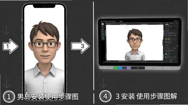 男岛安装使用步骤图解,手机和电脑模拟器画面并列,标有数字步骤1-4,箭头指示,风格清晰教程风,Boogu模型生成