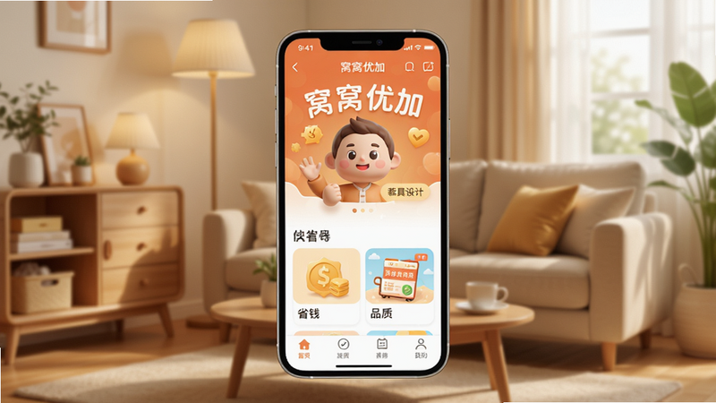 窝窝优加主界面展示,手机屏幕中央显示APP首页,背景为温馨的居家生活场景,色调柔和,突出“省钱”与“品质”两个关键词,Boogu模型生成,画面清晰自然