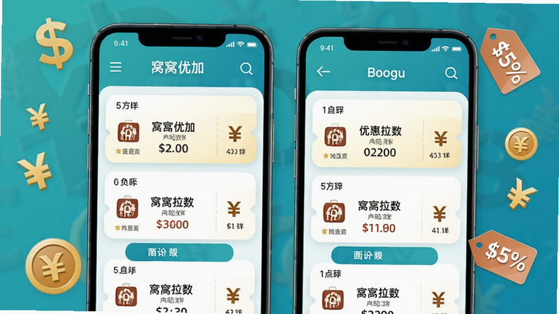 窝窝优加比价功能示意图,手机屏幕并列显示多个电商平台的优惠券对比,背景有货币符号和折扣标签,画面采用蓝绿色系,数据清晰可见,Boogu生成