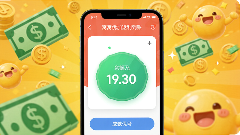 窝窝优加返利到账界面,手机屏幕显示余额增加动画,背景有现金符号和笑脸,画面明亮活泼,Boogu生成