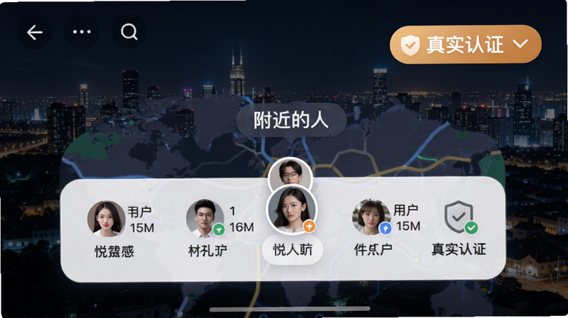 悦聊同城交友功能截图,地图上显示附近用户头像与距离,界面采用卡片式设计,背景为城市夜景,突出“附近的人”和“真实认证”标识。