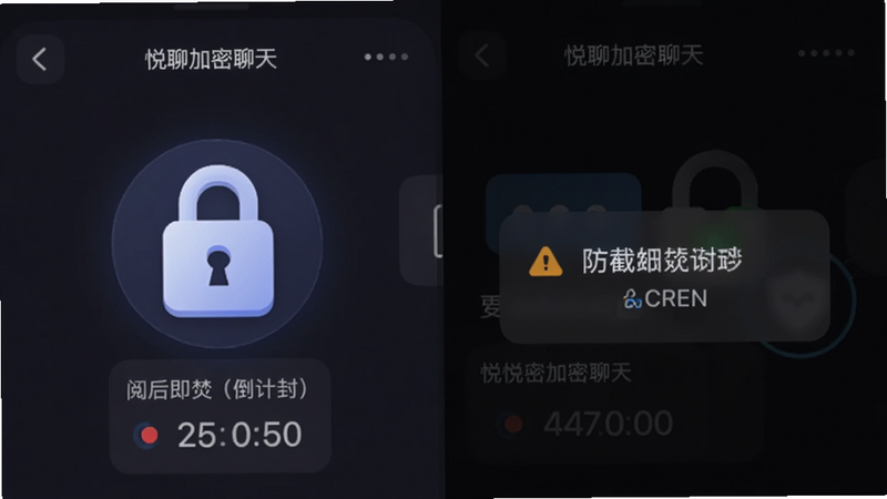 悦聊加密聊天界面,展示加密锁图标、阅后即焚倒计时、防截屏警告弹窗,背景为深色模式,突出安全与隐私。