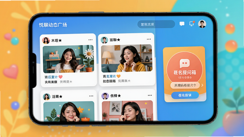 悦聊动态广场界面,展示用户发布的图文卡片、匿名提问箱入口,背景为明亮色调,突出社区氛围和互动元素。