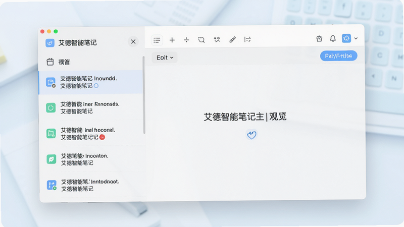 艾德智能笔记主界面预览,左侧为笔记列表,右侧为编辑区域,背景柔和,整体风格简洁明亮,突出智能笔记的核心功能。