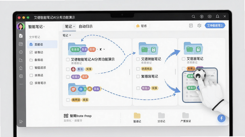 艾德智能笔记AI分类功能演示,展示笔记自动归入不同文件夹,界面清晰,标签颜色丰富,背景为浅灰色,突出智能识别过程。