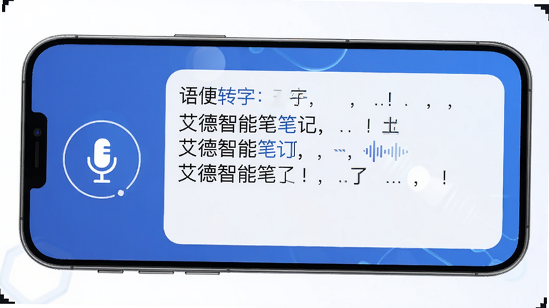 艾德智能笔记语音转文字界面,手机麦克风图标与文字输出区域,背景为渐变蓝色,体现科技感与便捷性。