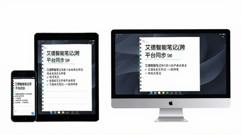 艾德智能笔记跨平台同步示意图,展示手机、平板、电脑三个设备同时显示同一笔记内容,背景为白色,简洁明了。