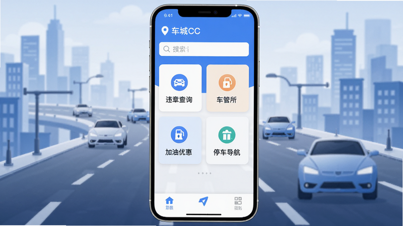 车城CC主界面预览图,展示手机屏幕上的应用首页,顶部有城市定位和搜索栏,中部是违章查询、车管所、加油优惠、停车导航四大功能卡片,底部是导航栏,背景为城市道路与汽车图标,整体风格简约现代,色彩以蓝色和白色为主,突出工具属性。