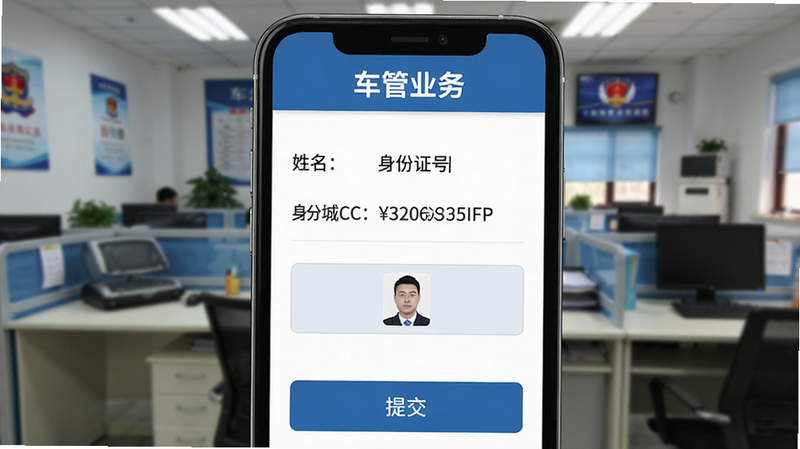 车城CC车管业务办理界面截图,模拟手机屏幕显示驾驶证换证申请页面,包含姓名、身份证号、照片上传按钮、提交按钮,顶部有“车管业务”标题,背景为办公环境,突出线上办理的便捷性。