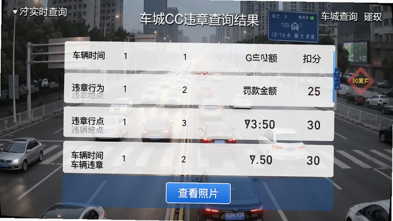 车城CC违章查询结果页面,展示车辆违章列表,每条记录包含时间、地点、违章行为、罚款金额和扣分,底部有“查看照片”按钮,背景为城市道路监控画面,突出实时查询功能。