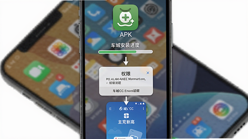 车城CC安装步骤示意图,展示手机屏幕从上到下依次显示:下载APK图标、安装进度条、权限弹窗、主界面,背景为手机桌面,突出安装流程。
