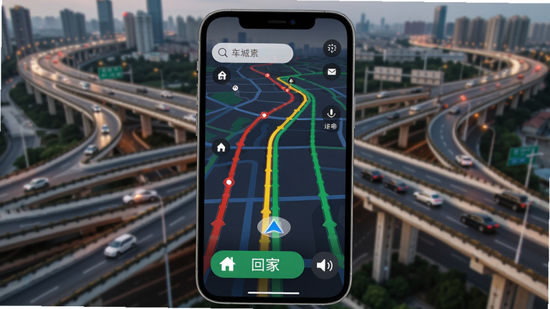 车城CC路况导航界面,手机屏幕显示地图,红黄绿线条表示路况,左上角有搜索框,底部有“回家”快捷按钮,语音图标,背景为城市立交桥,突出导航功能。