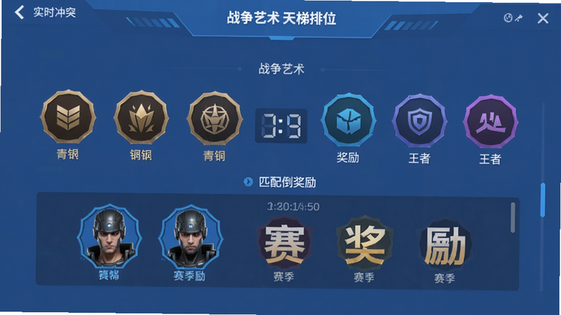 实时冲突:战争艺术 天梯排位界面 段位图标 青铜到王者 匹配倒计时 玩家头像 赛季奖励展示 界面扁平化 蓝色主色调 科技感