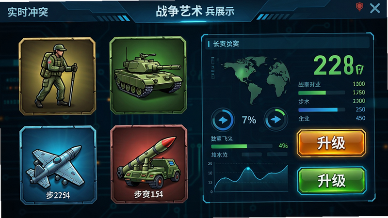 实时冲突:战争艺术 兵种展示界面 步兵 坦克 飞机 导弹车 图标精致 背景科技化 数据面板清晰 升级按钮高亮 色彩鲜艳