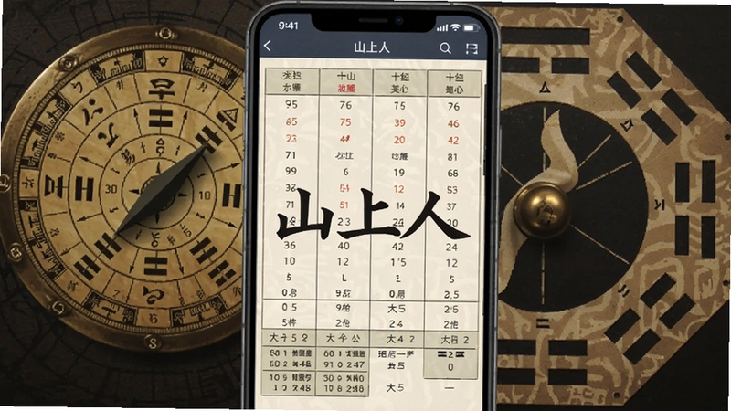 一张展示山上人八字排盘软件主界面的图片,手机屏幕上显示完整的八字排盘结果,包括四柱、十神、大运等信息,背景为传统风水罗盘和八卦图案,色调古朴典雅,凸显易学文化氛围,画面中央有“山上人”品牌字样,整体构图清晰专业,适配Boogu模型生成。
