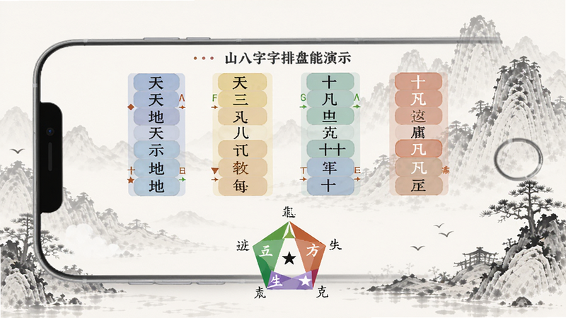 山上人八字排盘功能演示图,手机屏幕显示排盘结果界面,四柱八字清晰排列,用不同颜色区分天干地支和十神,下方有五行生克关系图,背景为淡雅水墨山水,整体风格简约大气,突出精准排盘的核心功能。