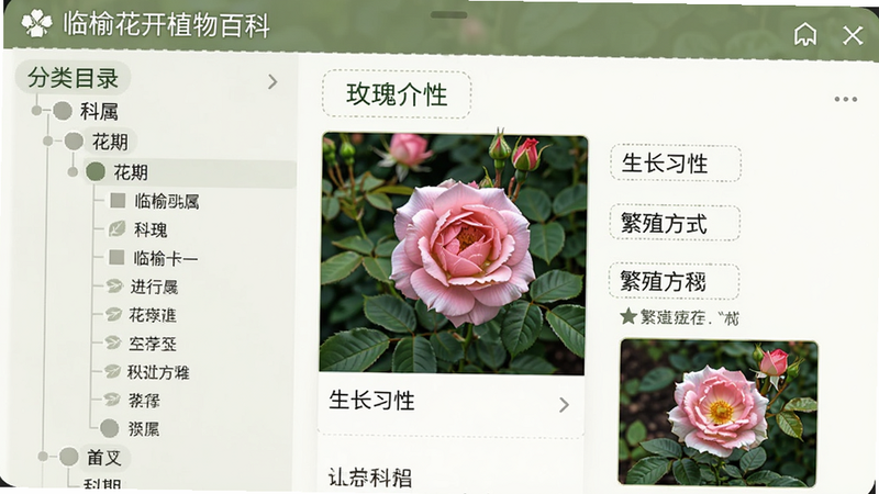 临榆花开植物百科界面,左侧是分类目录树(按科属、花期等),右侧展示玫瑰的详细图文介绍,包括高清图片、生长习性、繁殖方式,整体布局清晰,字体适中