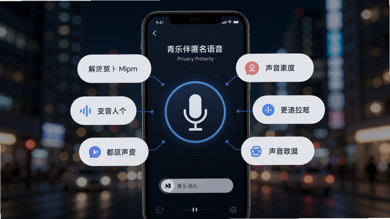 青乐伴匿名语音界面,手机麦克风图标周围环绕着变声选项,背景是模糊的都市夜景,突出隐私保护与声音互动