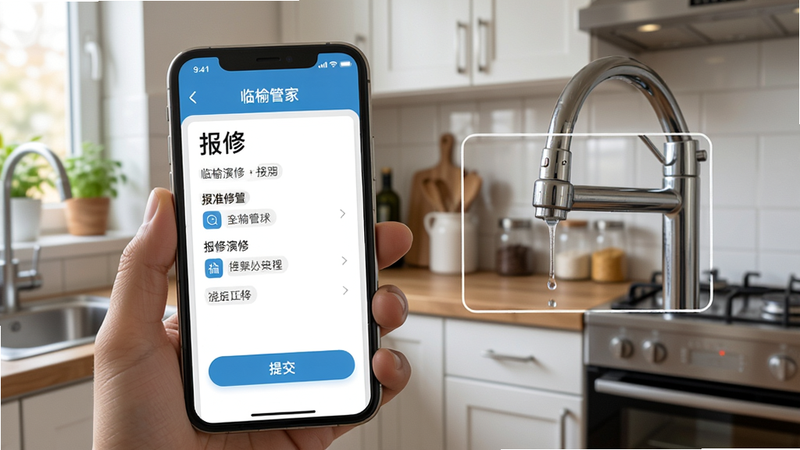 临榆管家一键报修演示图,用户手机屏幕显示报修表单,正在拍摄水龙头漏水照片,旁边有提交按钮,背景为厨房场景,细节清晰,真实感强,UI界面突出报修流程的简便性