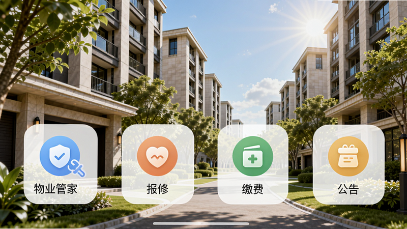 临榆管家app主界面,显示物业管家、报修、缴费、公告等功能图标,背景为现代住宅小区,阳光明媚,绿树成荫,高清截图风格,色彩明亮,UI元素圆润,整体给人干净、专业、温馨的感觉