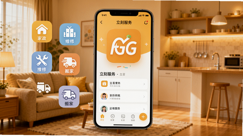 画面中央展示立刻服务APP主界面,左侧漂浮家政、维修、搬家等图标,背景是温馨的客厅与厨房场景,整体色调暖黄,突出生活服务氛围,适配Boogu模型生成。