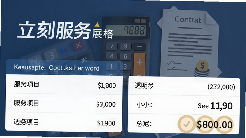 立刻服务价格展示页面:左边列出服务项目与价格,右边小计与总金额,背景为计算器与合同图标,强调透明公正。