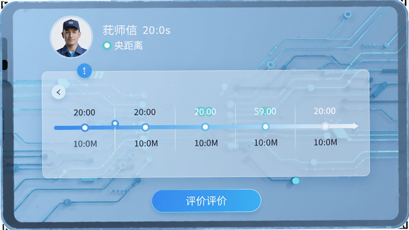 立刻服务服务追踪界面截图:顶部显示师傅头像与距离,中间动态时间轴,底部评价按钮,背景淡蓝色科技感线条,突出透明化服务流程。