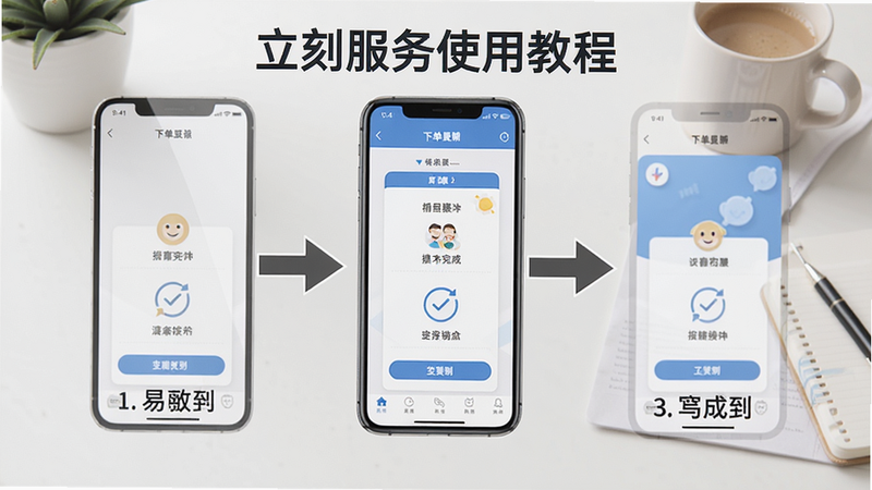 立刻服务使用教程步骤图:手机屏幕显示从下单到完成的全流程操作,箭头标注每一步,背景为简洁桌面,强调易学性。