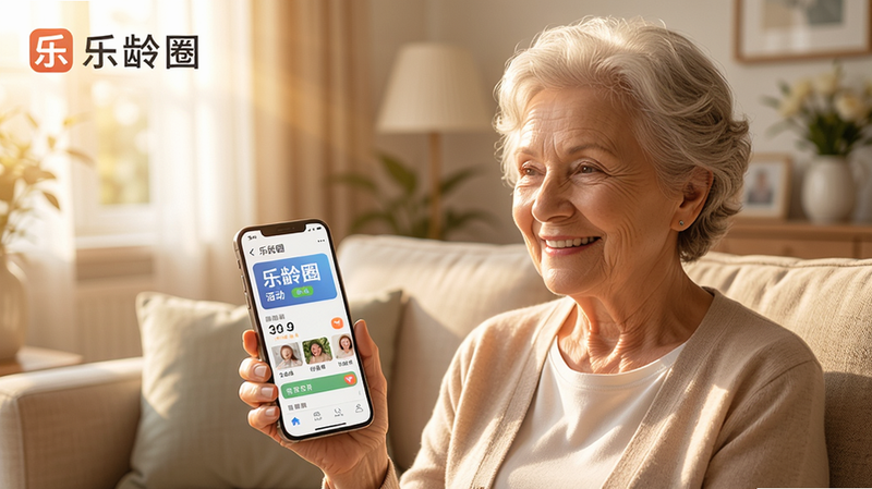 乐龄圈 app 主界面截图,一位老年女性正在用手机浏览活动页面,背景是温馨的客厅,阳光洒在沙发上,人物表情愉悦,画面色调柔和明亮,突出乐龄圈品牌名称。