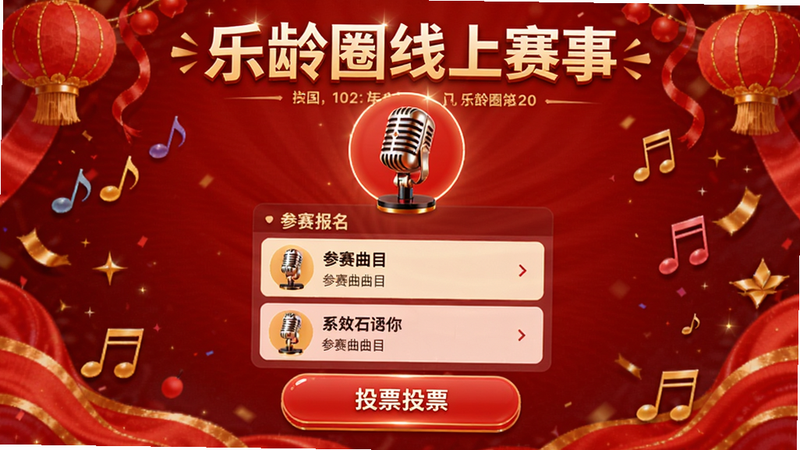 乐龄圈线上赛事页面,展示一个歌唱比赛的报名界面,有麦克风图标、参赛曲目列表和投票按钮,背景为喜庆红色调,突出比赛氛围。