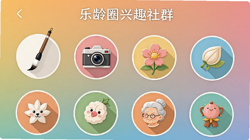 乐龄圈兴趣社群页面,显示多个圆形图标代表不同兴趣类别,如毛笔、相机、花朵等,背景是渐变色,界面清晰,符合中老年视觉习惯。