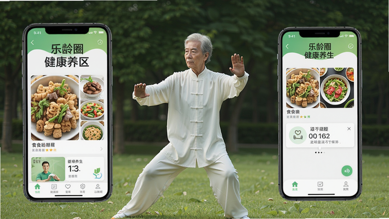 乐龄圈健康养生专区,一位老人在公园打太极,旁边手机屏幕显示食谱和运动提醒,整体画面自然清新,突出健康主题。