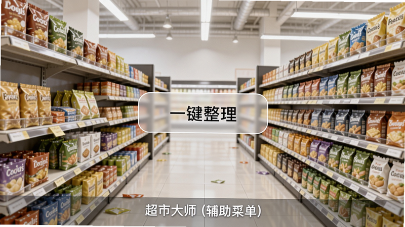 画面左侧是凌乱的货架,右侧是整理后的整齐货架,中间有一个半透明的辅助菜单按钮,按钮上写着“一键整理”,超市大师(辅助菜单)字样出现在画面底部,背景是明亮干净的超市走廊,Boogu模型生成。