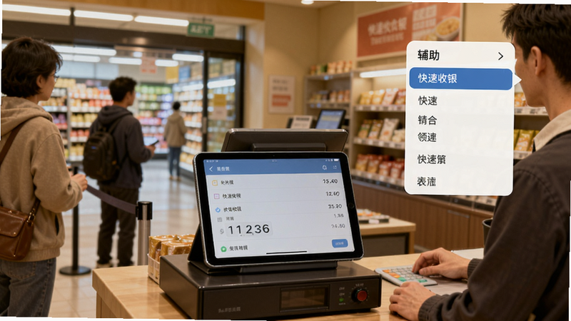 画面中央是收银台,收银员面前有一个平板电脑显示收银界面,右上角悬浮的辅助菜单展开后出现“快速收银”选项,顾客排队等候,背景是超市出口,整体色调温暖,Boogu模型生成。