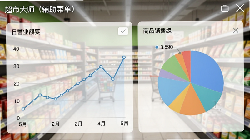 一个手机屏幕截图,画面是数据统计界面,显示日营业额折线图和商品销售饼图,左上角有“超市大师(辅助菜单)”字样,背景为虚化的超市场景,Boogu模型生成。