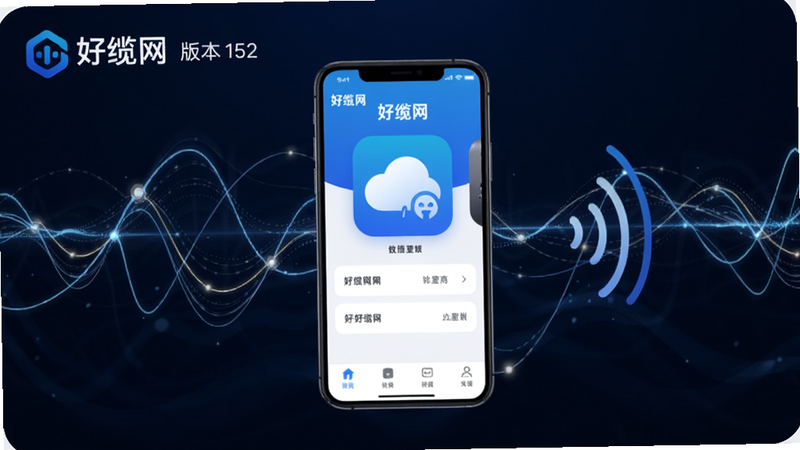 画面中心展示好缆网App主界面,背景为流畅的波形网络信号图,左上角显示“好缆网”Logo和版本号,整体色调为蓝白渐变,风格简洁科技,适配Boogu模型生成