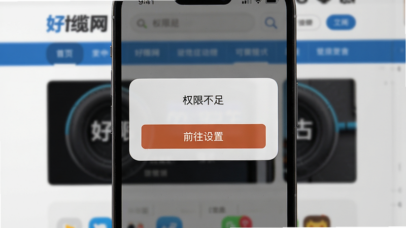 手机屏幕上显示报错对话框,内容为“权限不足”,下方有“前往设置”按钮,背景为好缆网主页模糊效果