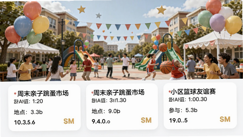本地邻友社区活动广场界面,展示多个活动卡片,如“周末亲子跳蚤市场”“小区篮球友谊赛”,卡片上有时间、地点、参与人数,背景是热闹的小区广场,彩色气球和人群,画面欢乐
